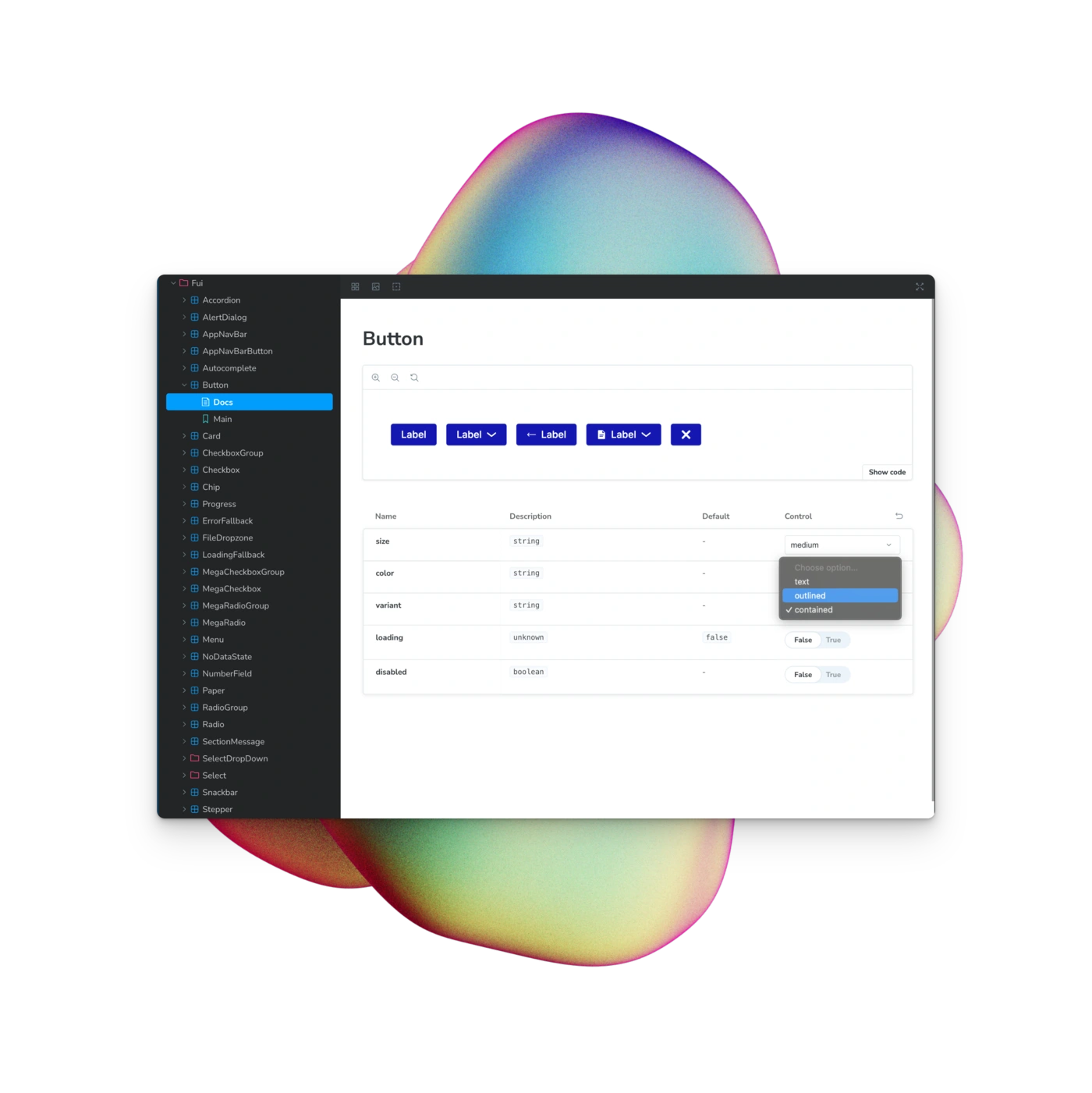 Storybook component documentation showing the Button component with live controls